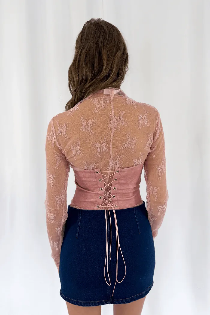 Faux Leather Embroidered Corset Top in Pink