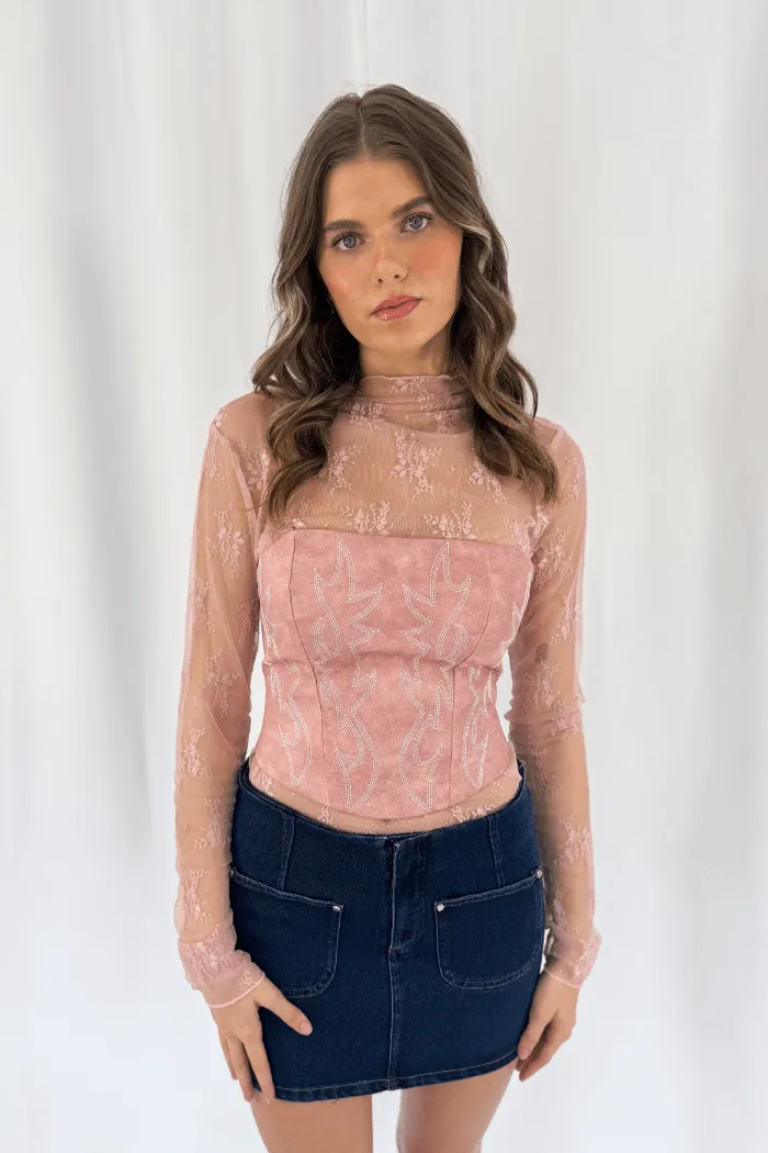 Faux Leather Embroidered Corset Top in Pink