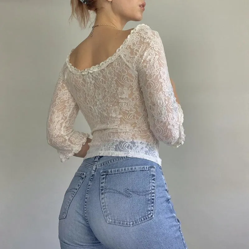 Girlary Fairy Coquette Floral Lace T-shirt Low Cut Front Tie Up White Tees Chic Women Vintage Y2K Milkmaid Crop Tops Clothes