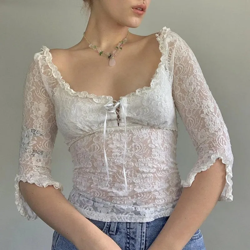 Girlary Fairy Coquette Floral Lace T-shirt Low Cut Front Tie Up White Tees Chic Women Vintage Y2K Milkmaid Crop Tops Clothes