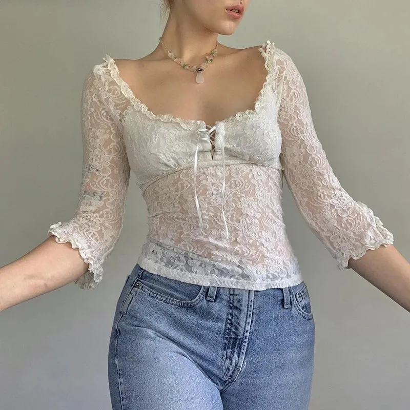 Girlary Fairy Coquette Floral Lace T-shirt Low Cut Front Tie Up White Tees Chic Women Vintage Y2K Milkmaid Crop Tops Clothes