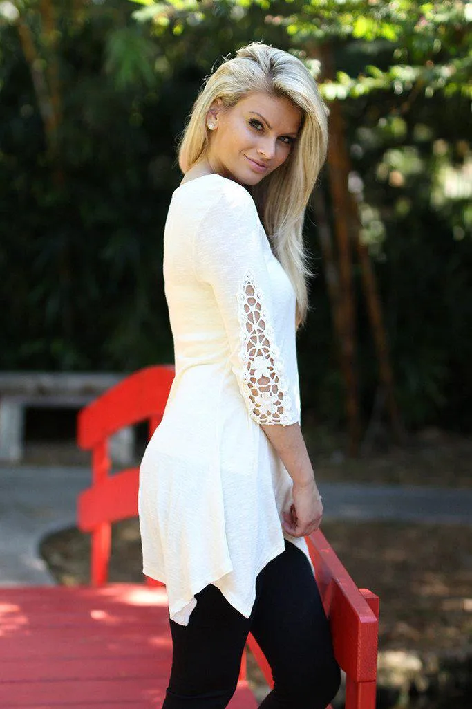 Ivory Asymmetrical Tunic with Crochet Sleeves