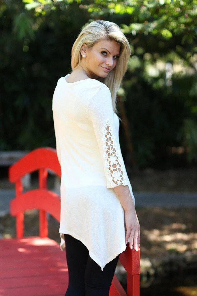 Ivory Asymmetrical Tunic with Crochet Sleeves