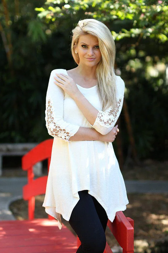 Ivory Asymmetrical Tunic with Crochet Sleeves