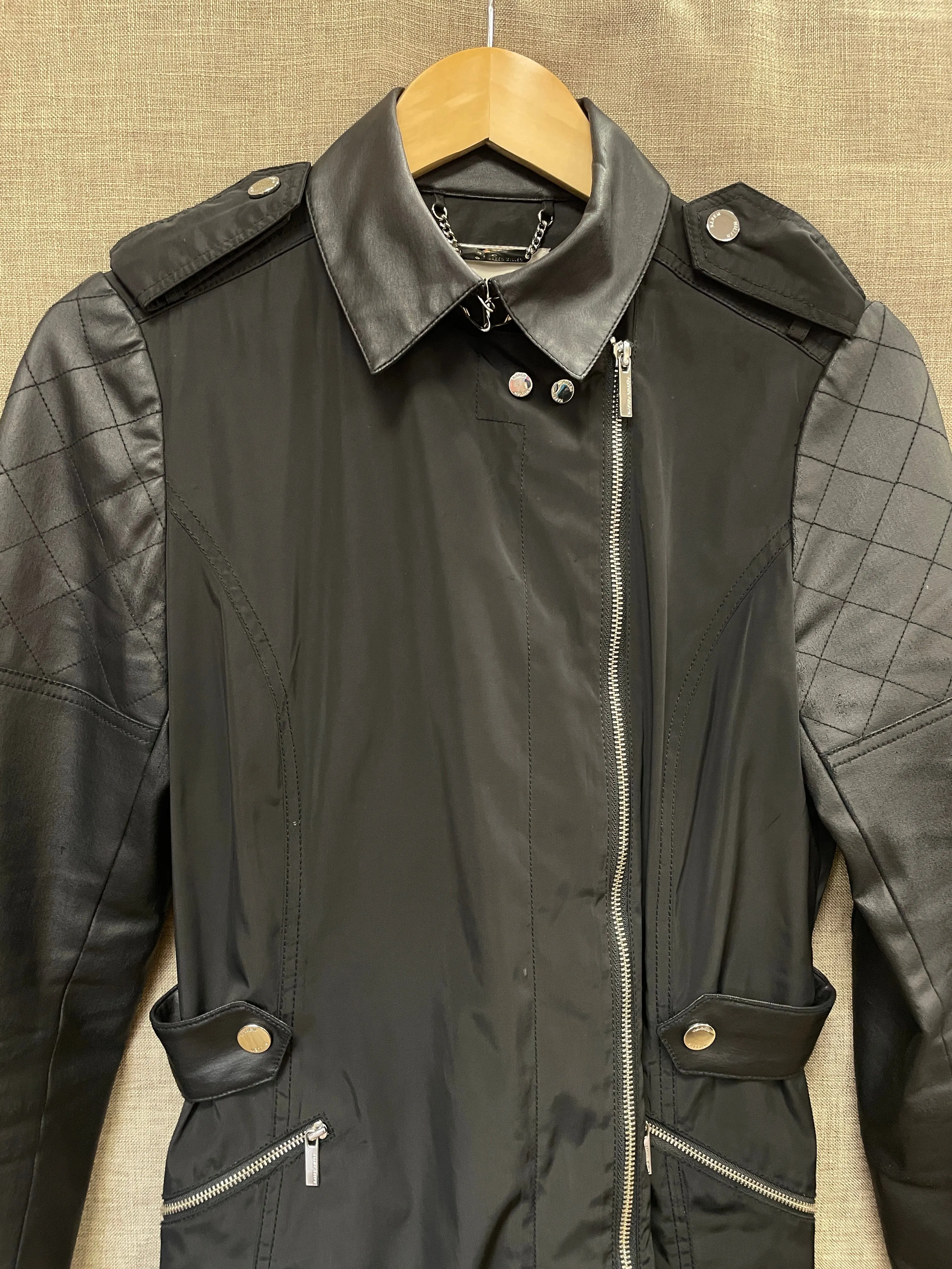 Karen Millen Black Zip & Leather Effect Jacket Coat Size 10