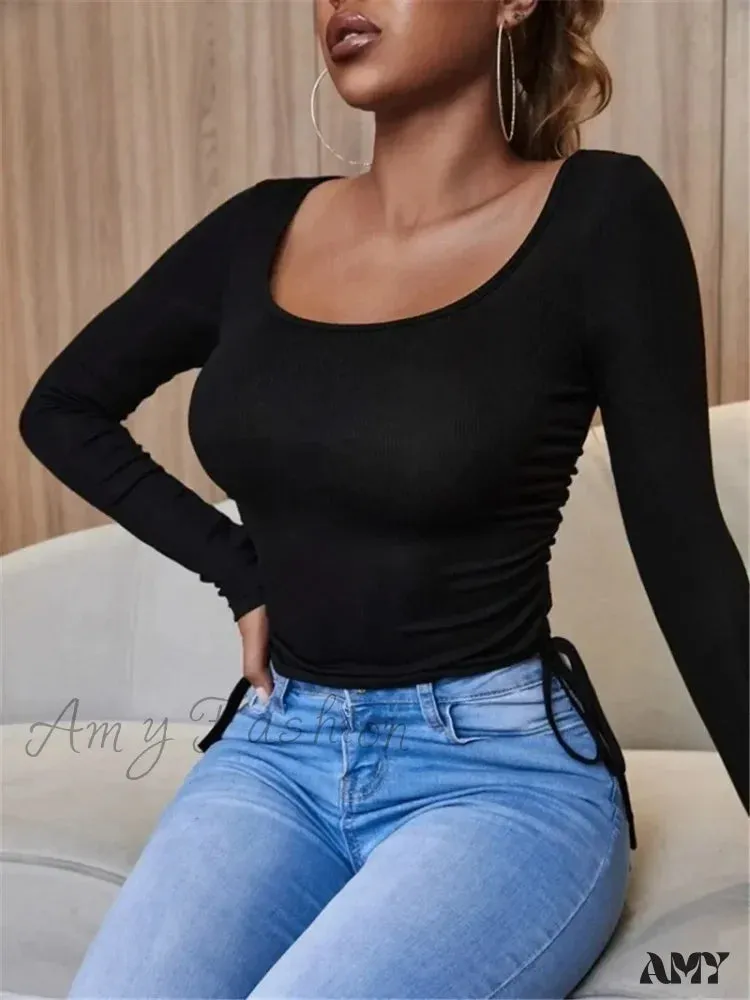 Knitted Slim Soild Round Neck Chic Long Sleeve Streetwear Crop Top