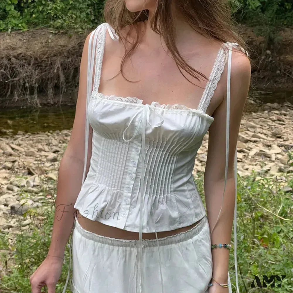 Lace Sexy Strap Skinny Pleated Lace Up Single Breasted Summer Tank Crop Top