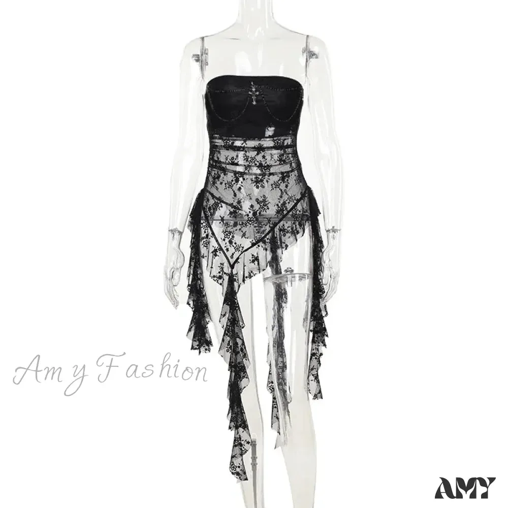 Lace Stitching Sexy Harajuku Strapless Y2K Rave Dance Bandeau Crop Top
