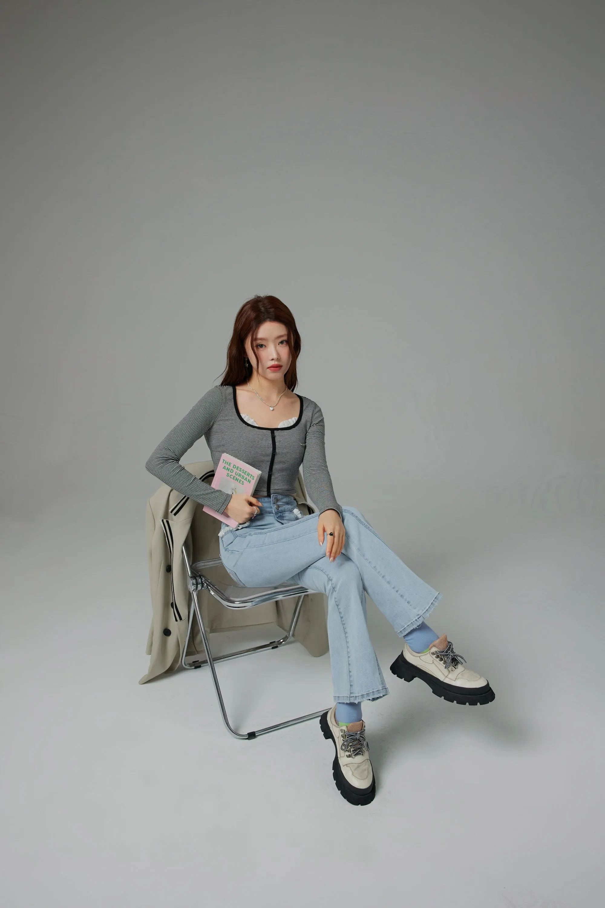 Lace U-Neck Striped Crop Long-Sleeved Top