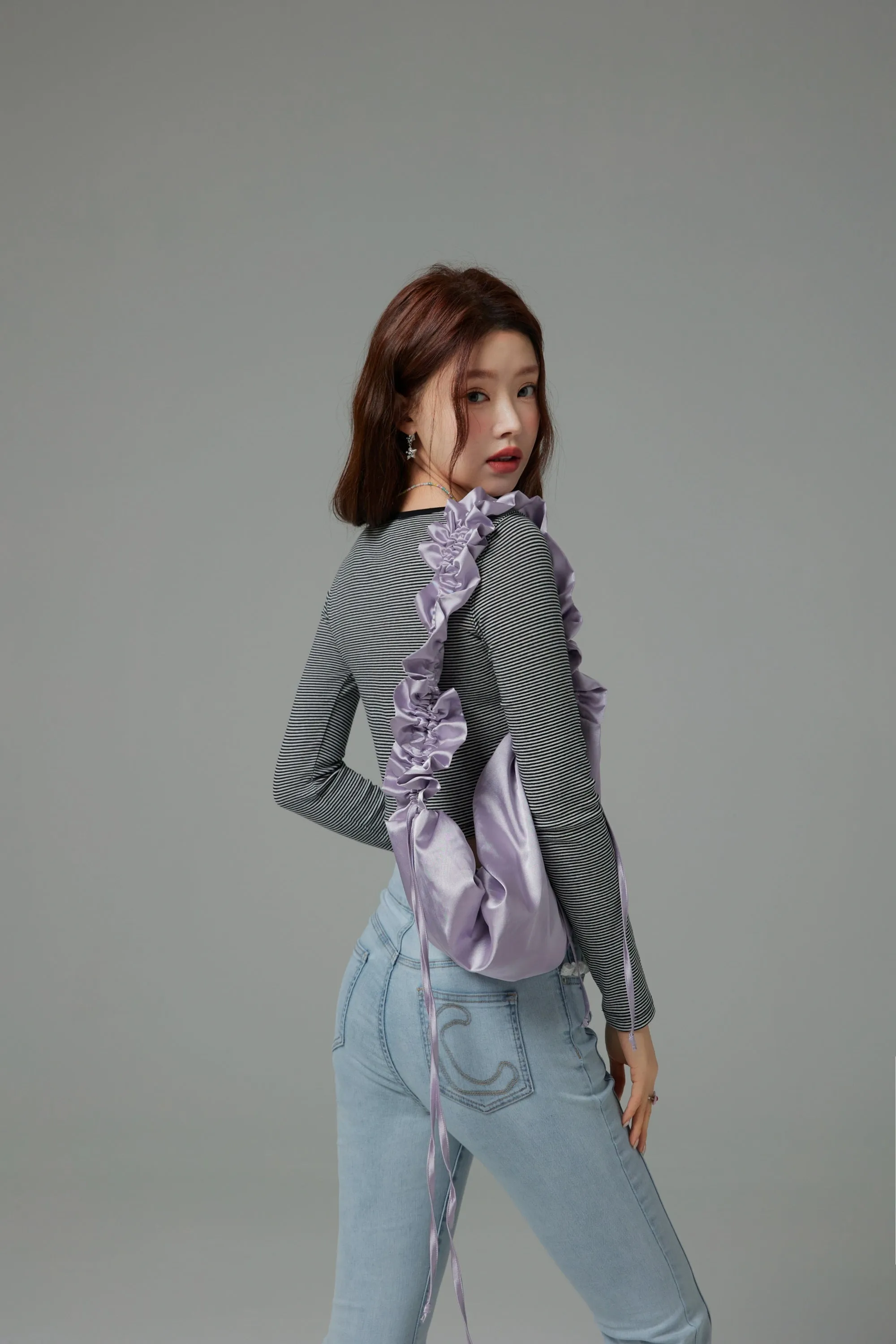 Lace U-Neck Striped Crop Long-Sleeved Top