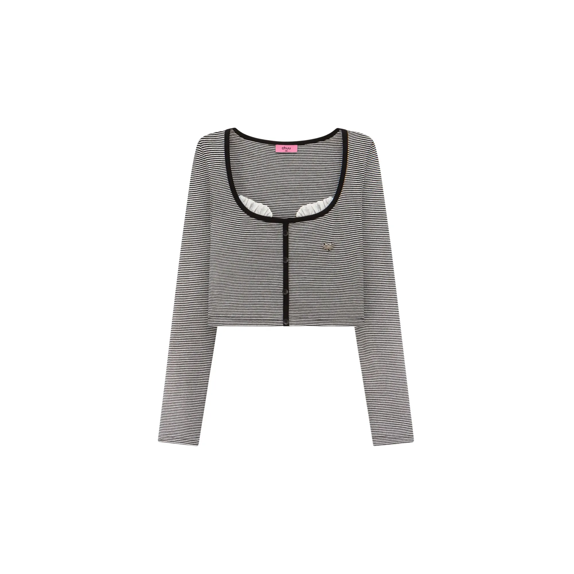 Lace U-Neck Striped Crop Long-Sleeved Top