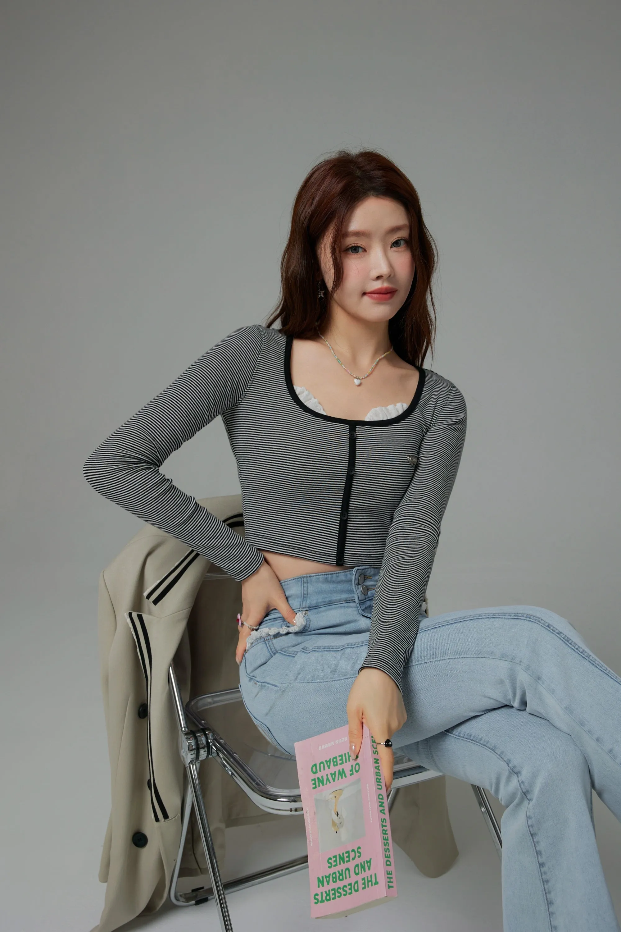 Lace U-Neck Striped Crop Long-Sleeved Top