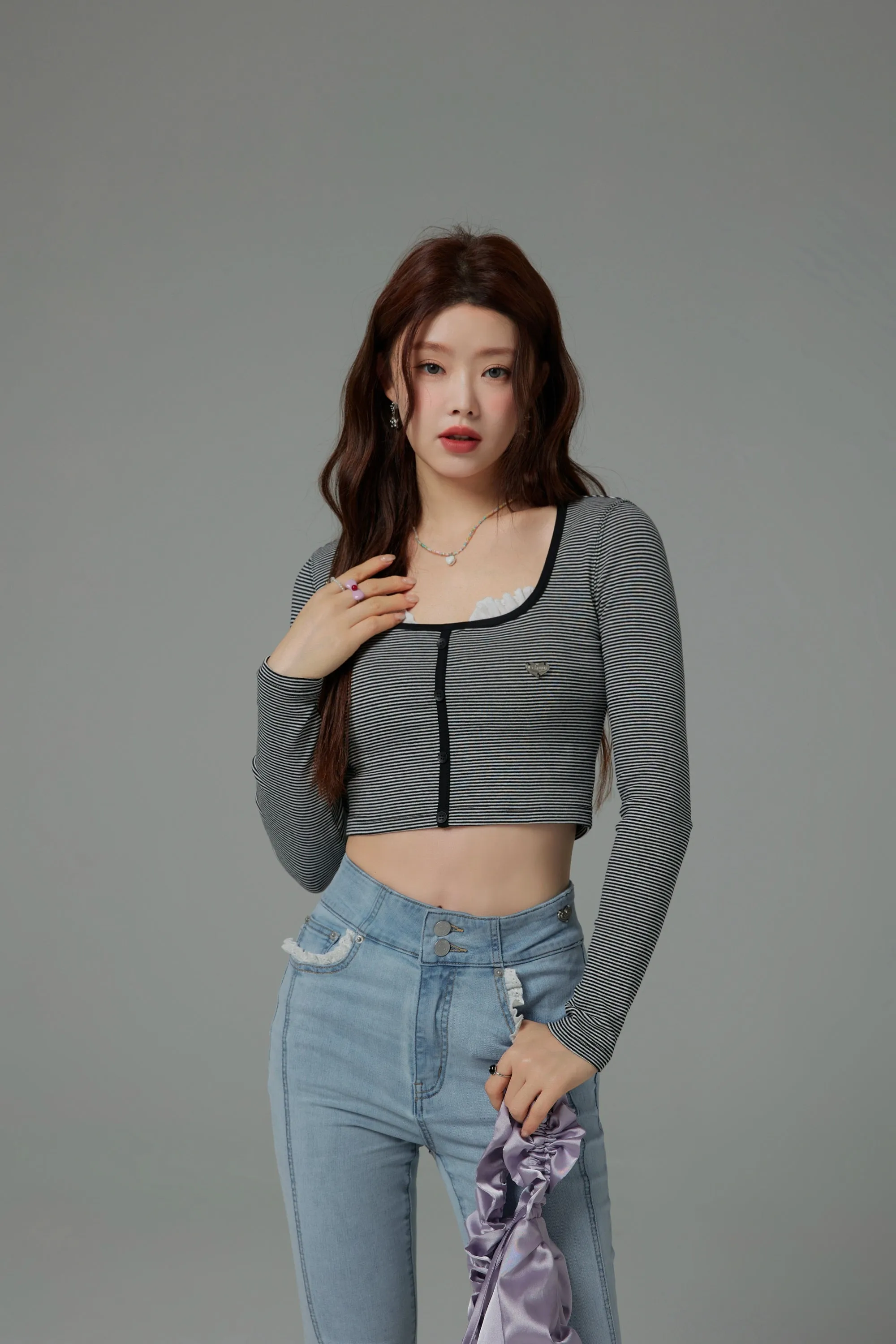 Lace U-Neck Striped Crop Long-Sleeved Top
