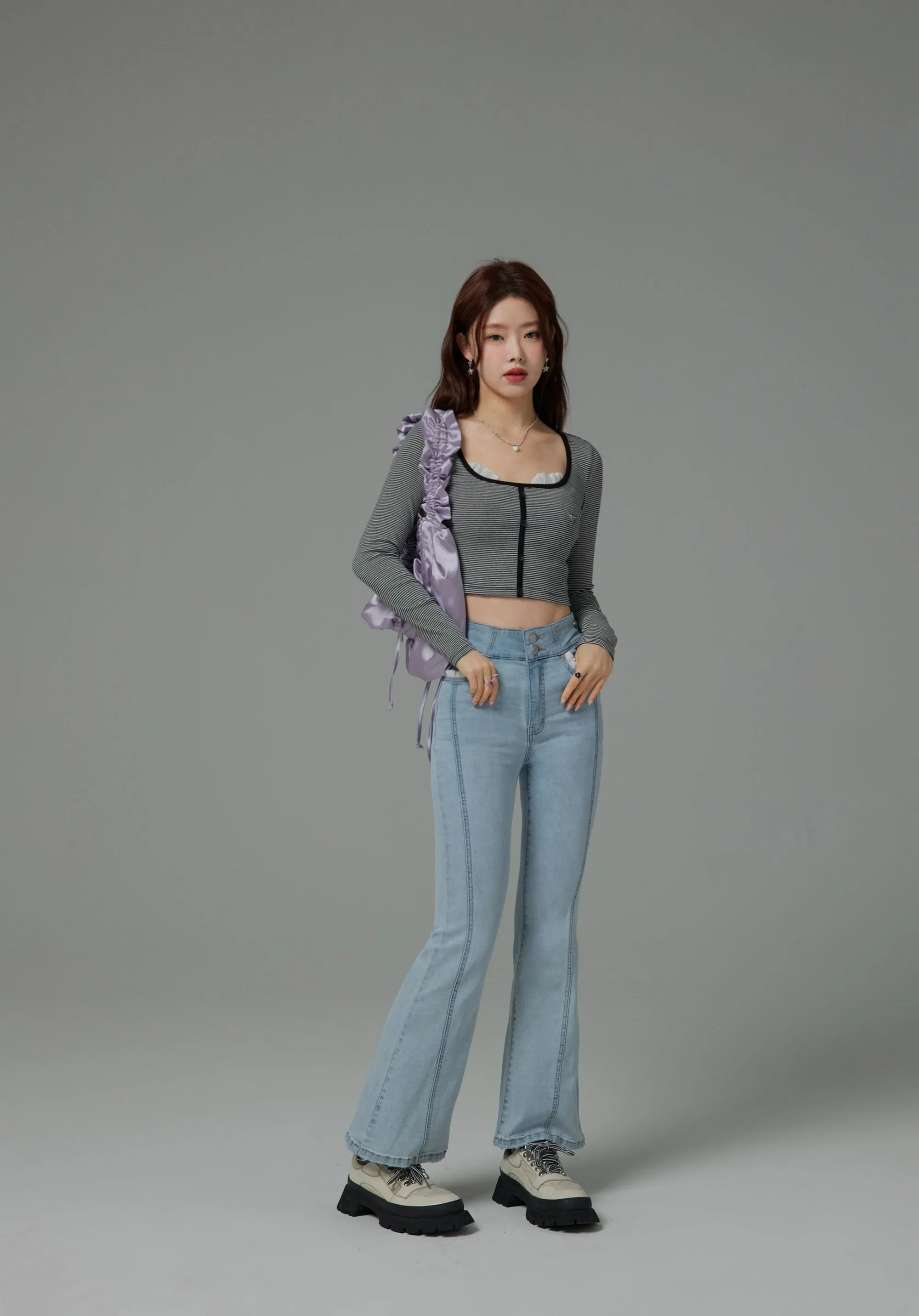 Lace U-Neck Striped Crop Long-Sleeved Top