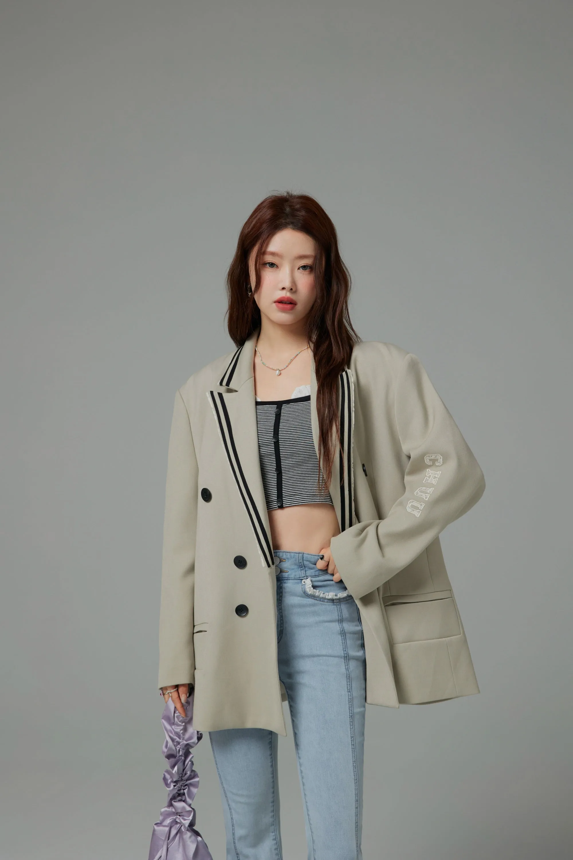 Lace U-Neck Striped Crop Long-Sleeved Top