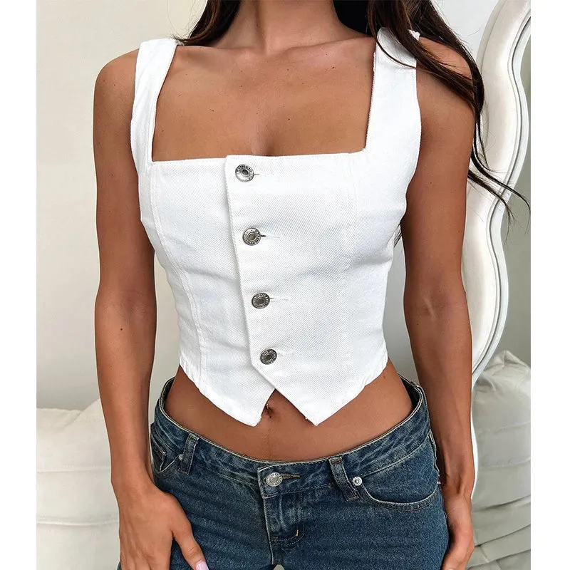 LANFUBEISI Women Denim Vest Sleeveless Boat Neck Button Down Crop Vest Jean Tanks Top Slim Smocking Aesthetic Clothes
