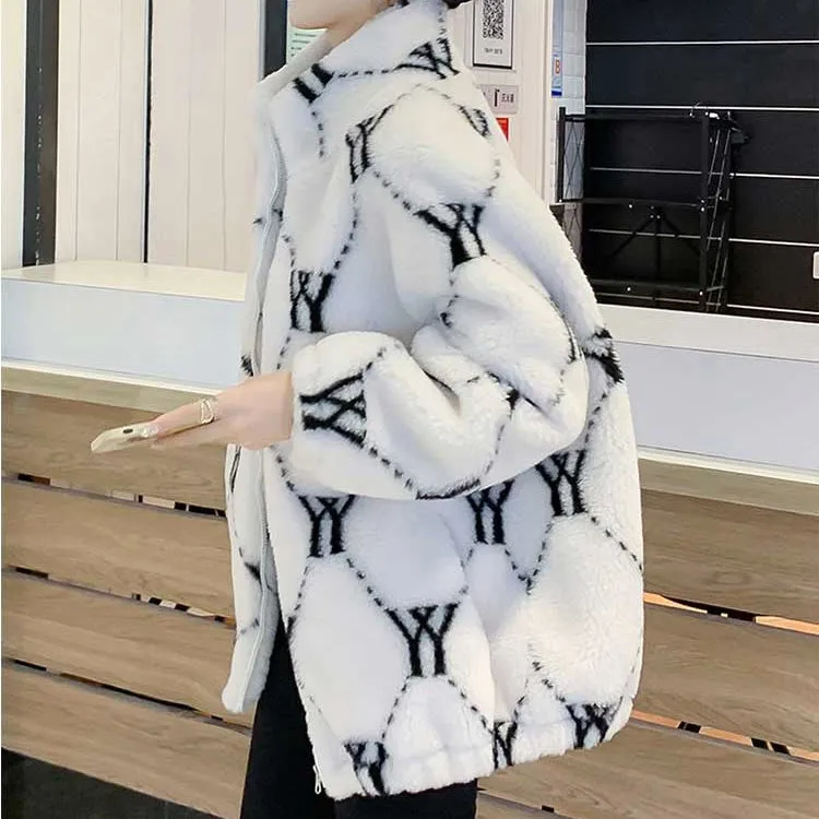 Letter Print Stand Collar Lambswool Warm Jacket