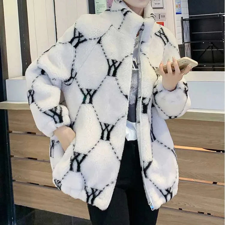 Letter Print Stand Collar Lambswool Warm Jacket
