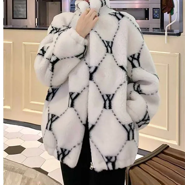 Letter Print Stand Collar Lambswool Warm Jacket