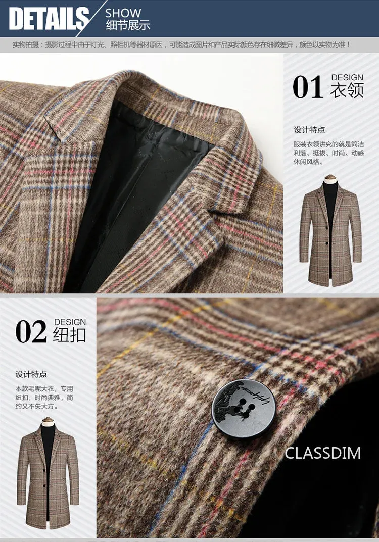 Men Plaid Wool Blends Long Winter Jackets Cashmere Trench Coats High Quality Winter Coats Male Business Casual Wool Trench Coats