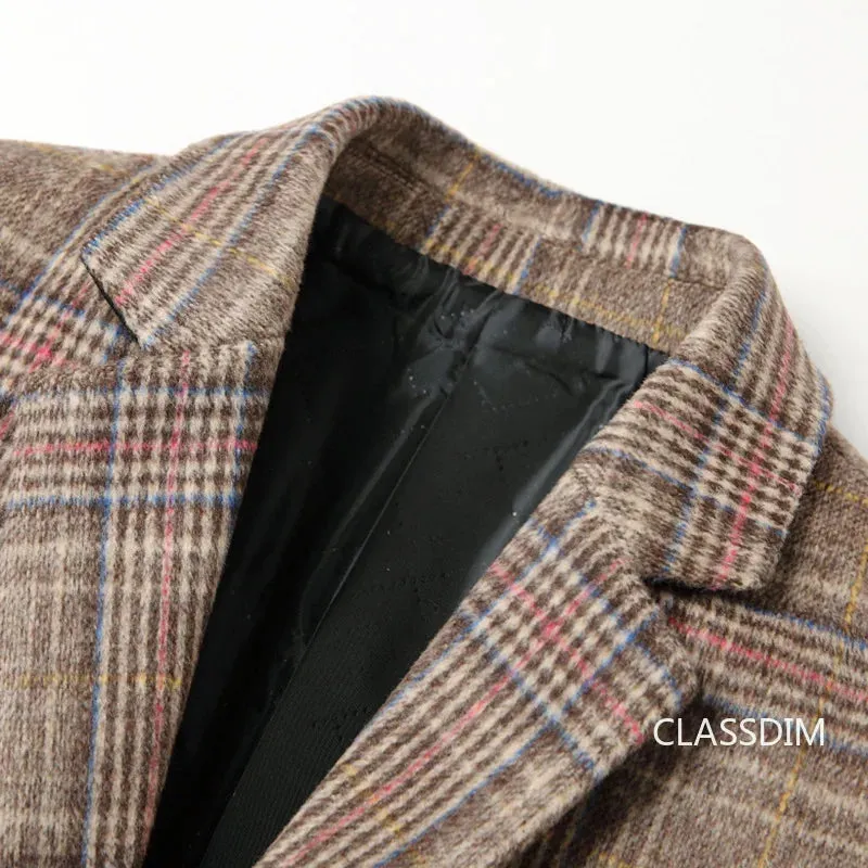 Men Plaid Wool Blends Long Winter Jackets Cashmere Trench Coats High Quality Winter Coats Male Business Casual Wool Trench Coats