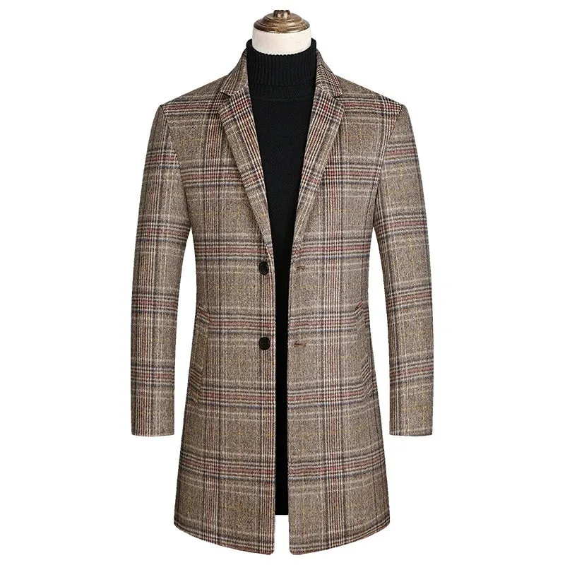 Men Plaid Wool Blends Long Winter Jackets Cashmere Trench Coats High Quality Winter Coats Male Business Casual Wool Trench Coats