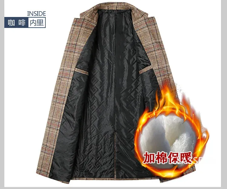 Men Plaid Wool Blends Long Winter Jackets Cashmere Trench Coats High Quality Winter Coats Male Business Casual Wool Trench Coats
