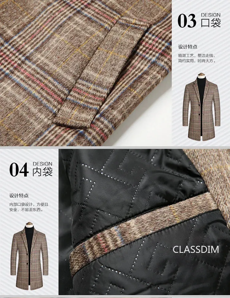 Men Plaid Wool Blends Long Winter Jackets Cashmere Trench Coats High Quality Winter Coats Male Business Casual Wool Trench Coats