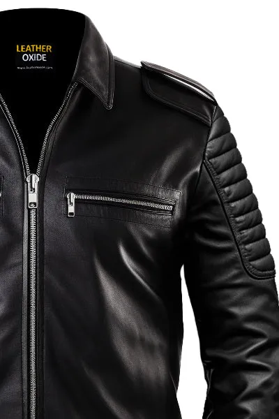 Men Slim-fit Rider Black Leather Flap Pocket Jacket