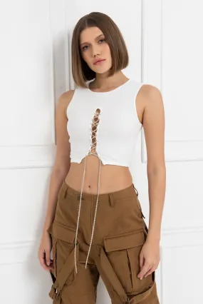 Miley Rhinestone Lace Up Ribbed Crop Tank Top - White