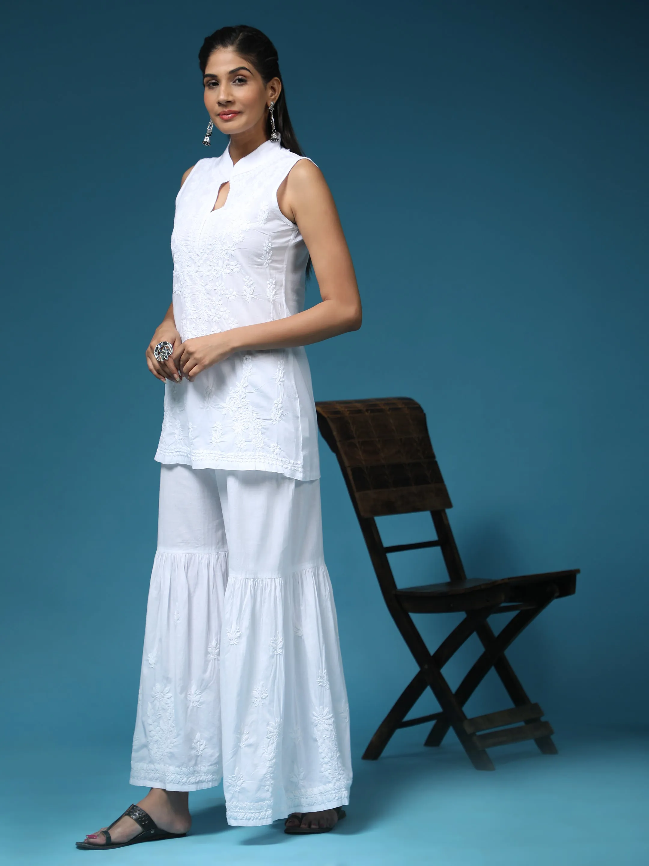 Noor Sleeveless Hand Embroidery Chikankari Printed Short Cotton Tunics-White