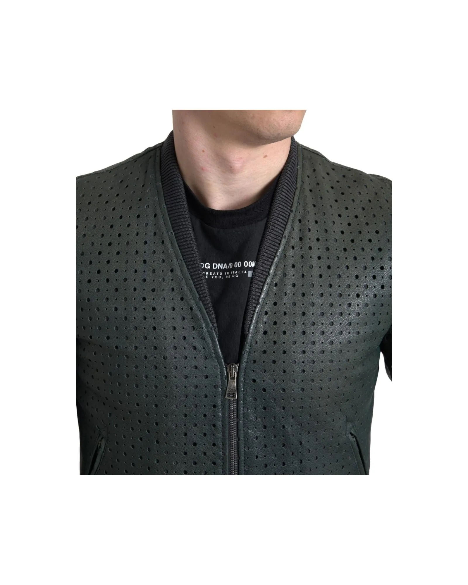 Perforated Leather Bomber Jacket with Full Zipper Closure