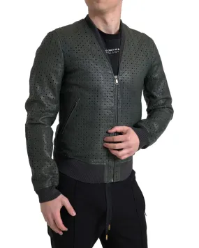 Perforated Leather Bomber Jacket with Full Zipper Closure