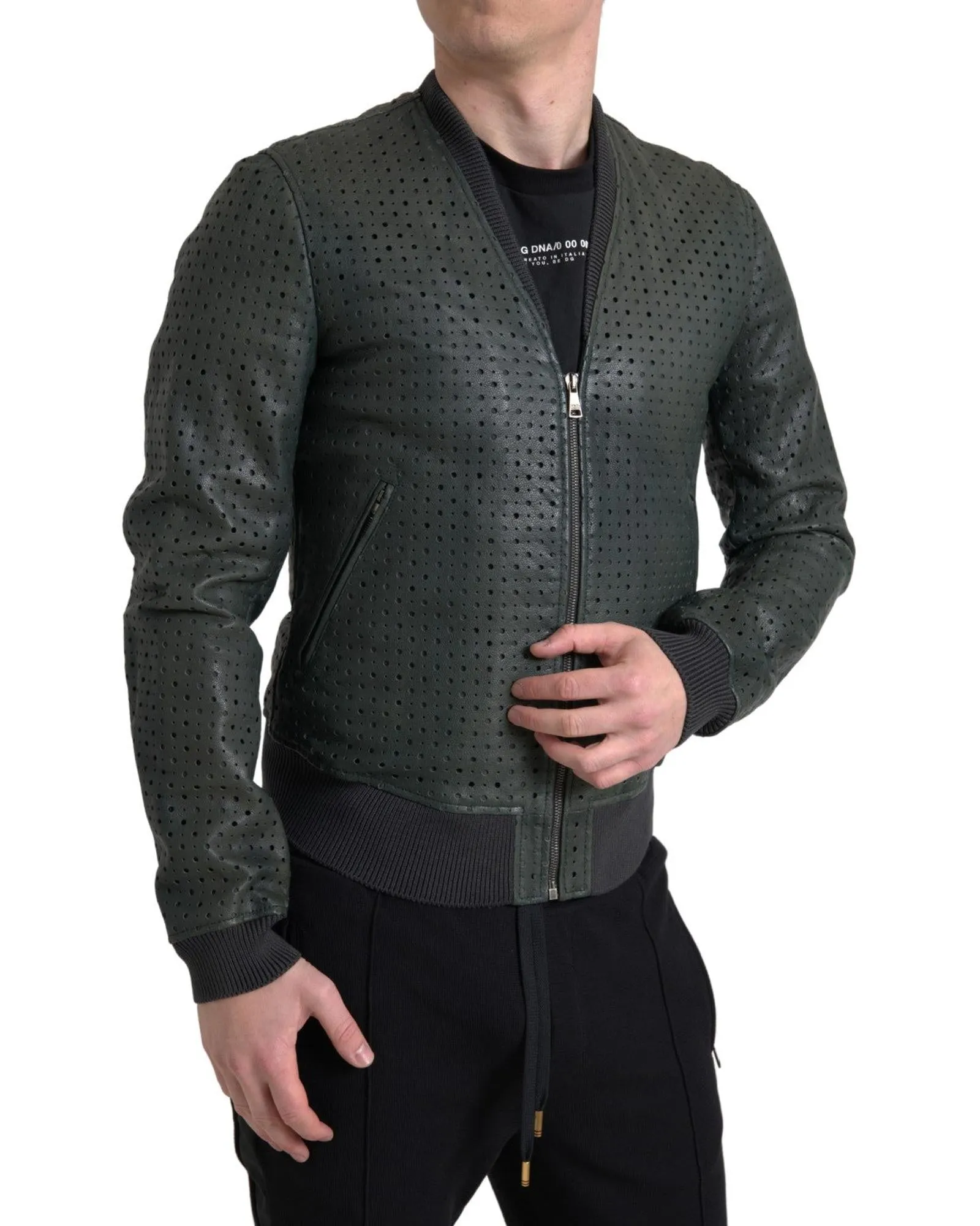 Perforated Leather Bomber Jacket with Full Zipper Closure