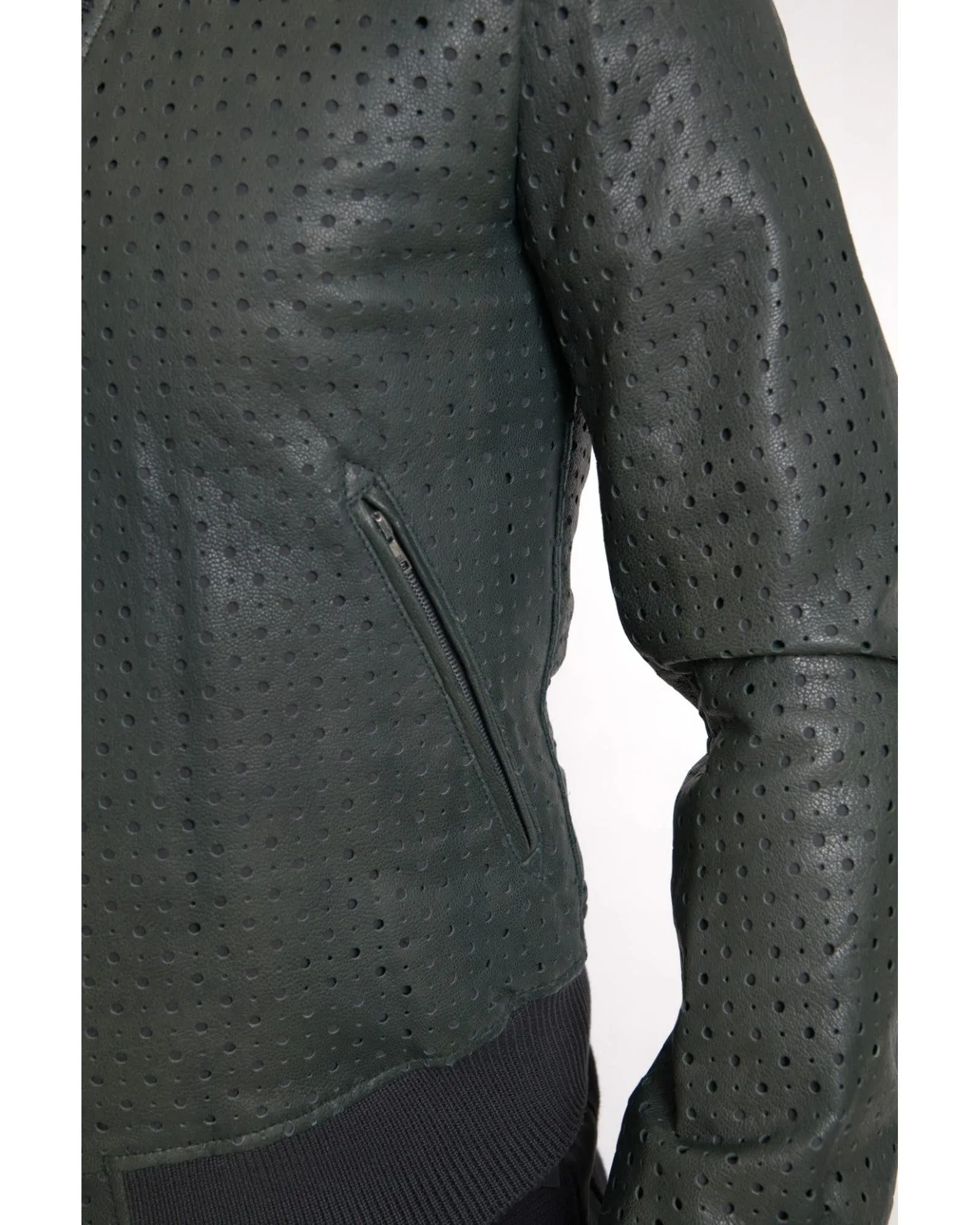 Perforated Leather Bomber Jacket with Full Zipper Closure