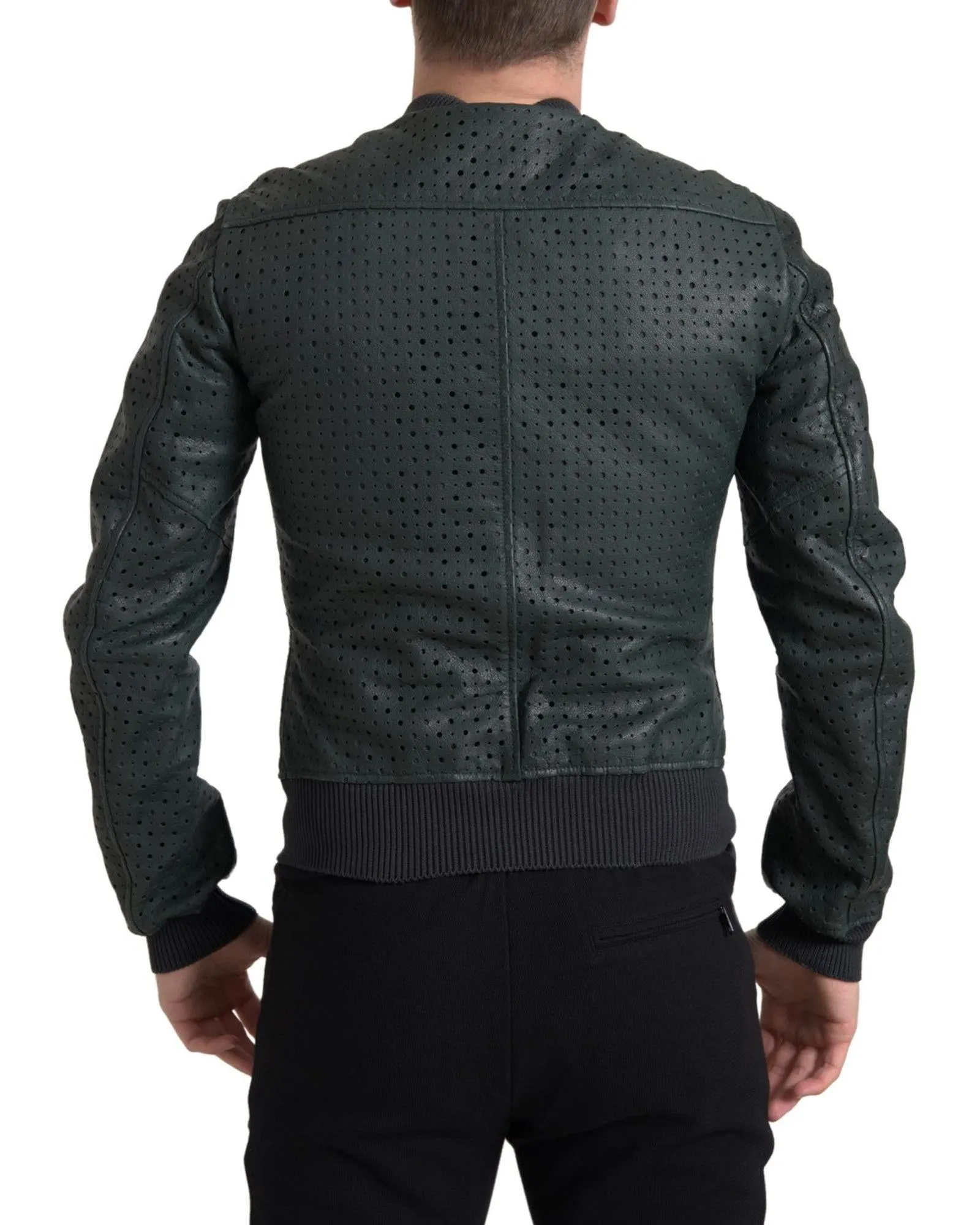 Perforated Leather Bomber Jacket with Full Zipper Closure