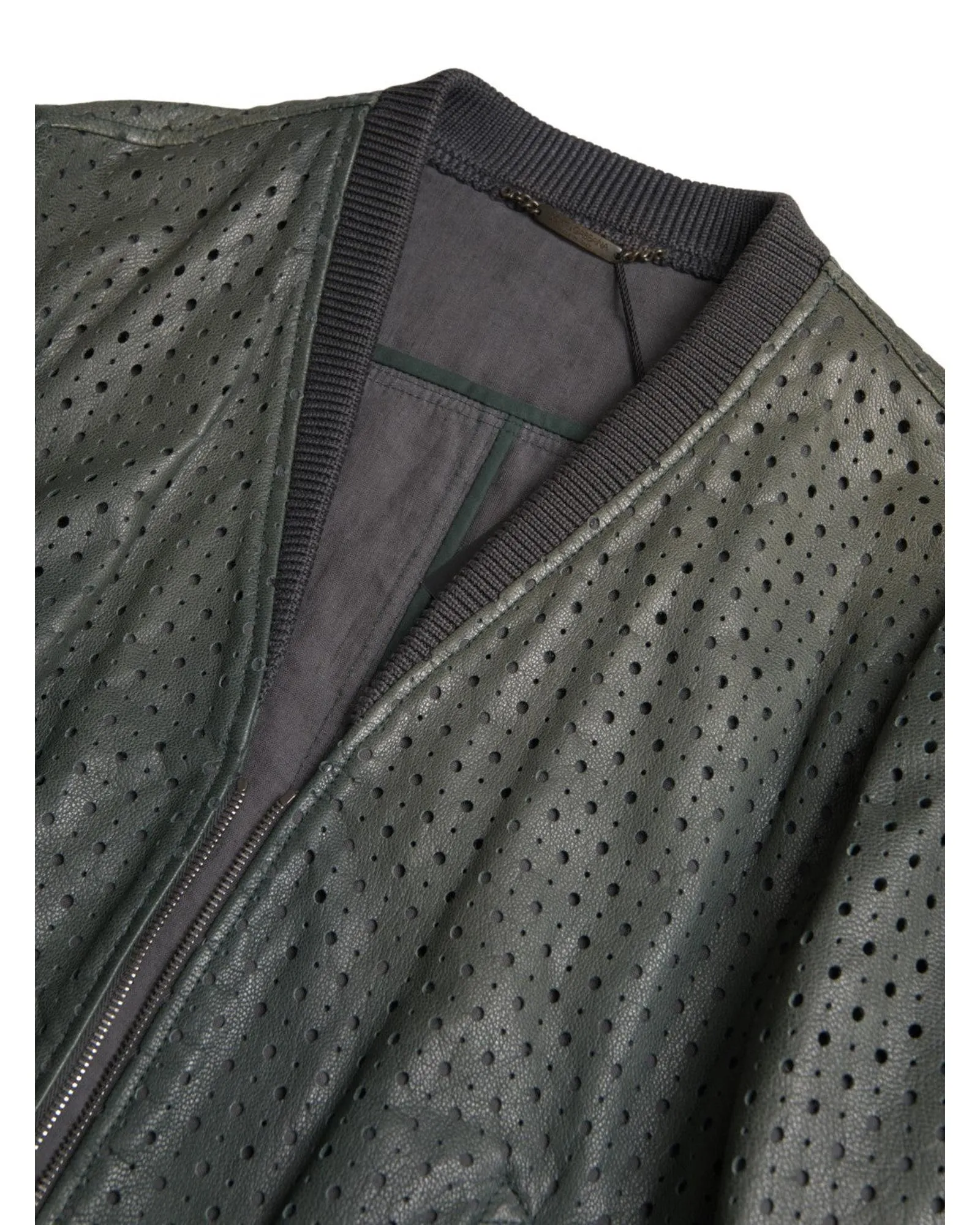 Perforated Leather Bomber Jacket with Full Zipper Closure