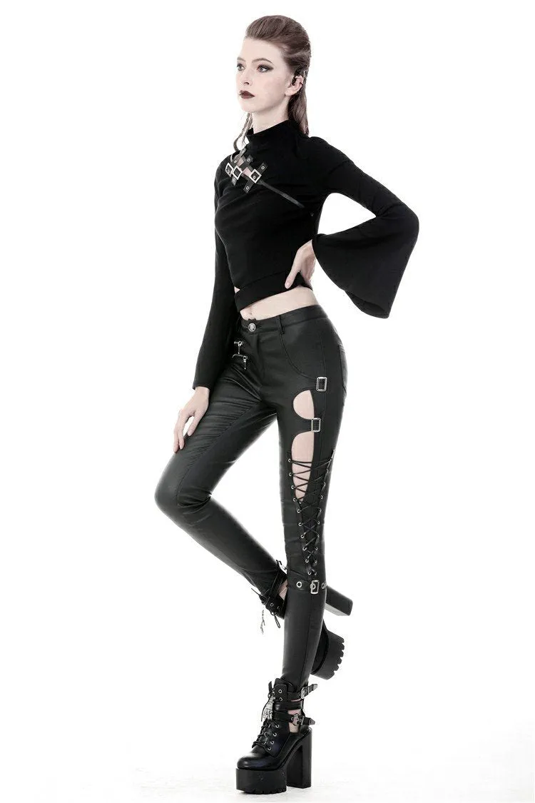 Punk sexy hollow thigh asymmetrical PU trousers PW096