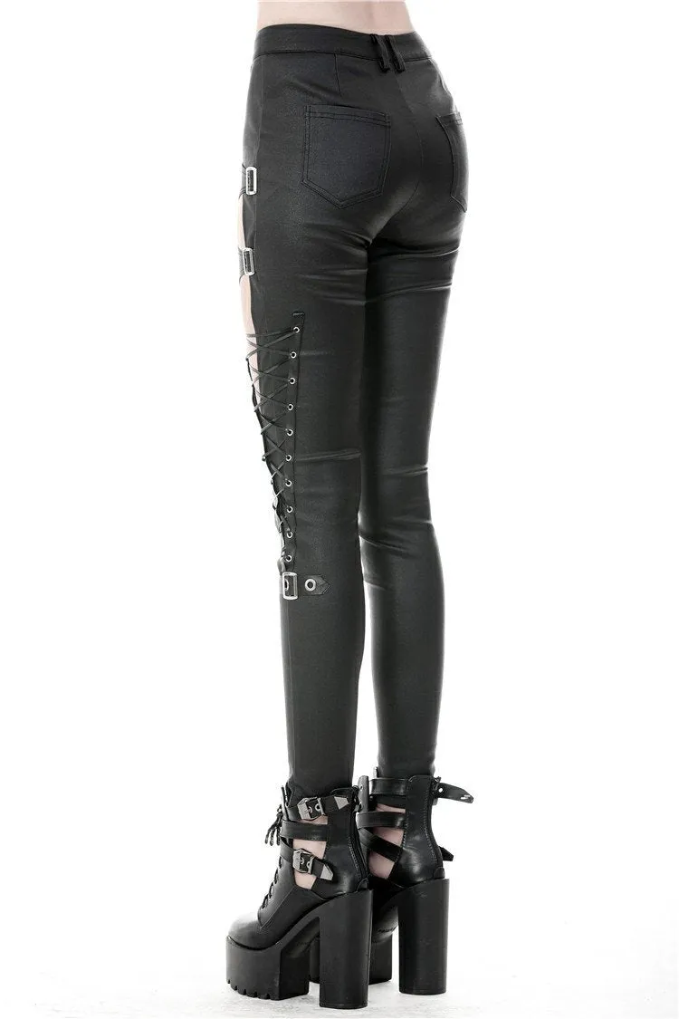 Punk sexy hollow thigh asymmetrical PU trousers PW096