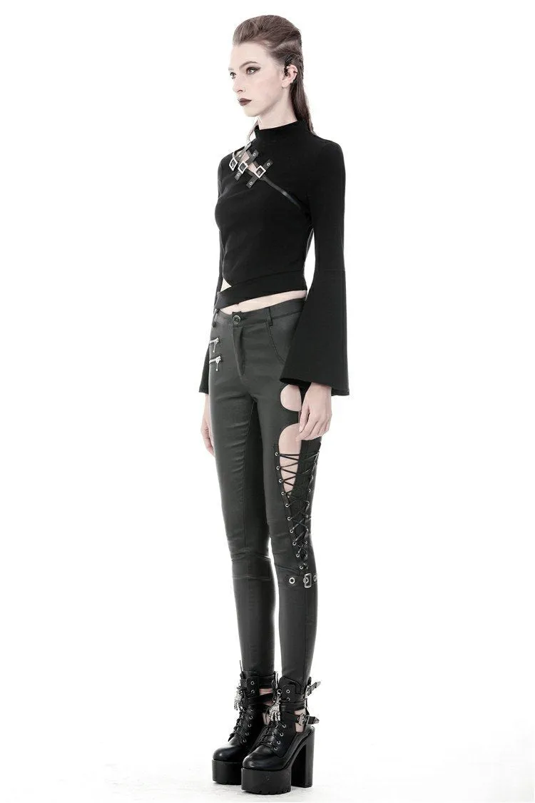 Punk sexy hollow thigh asymmetrical PU trousers PW096