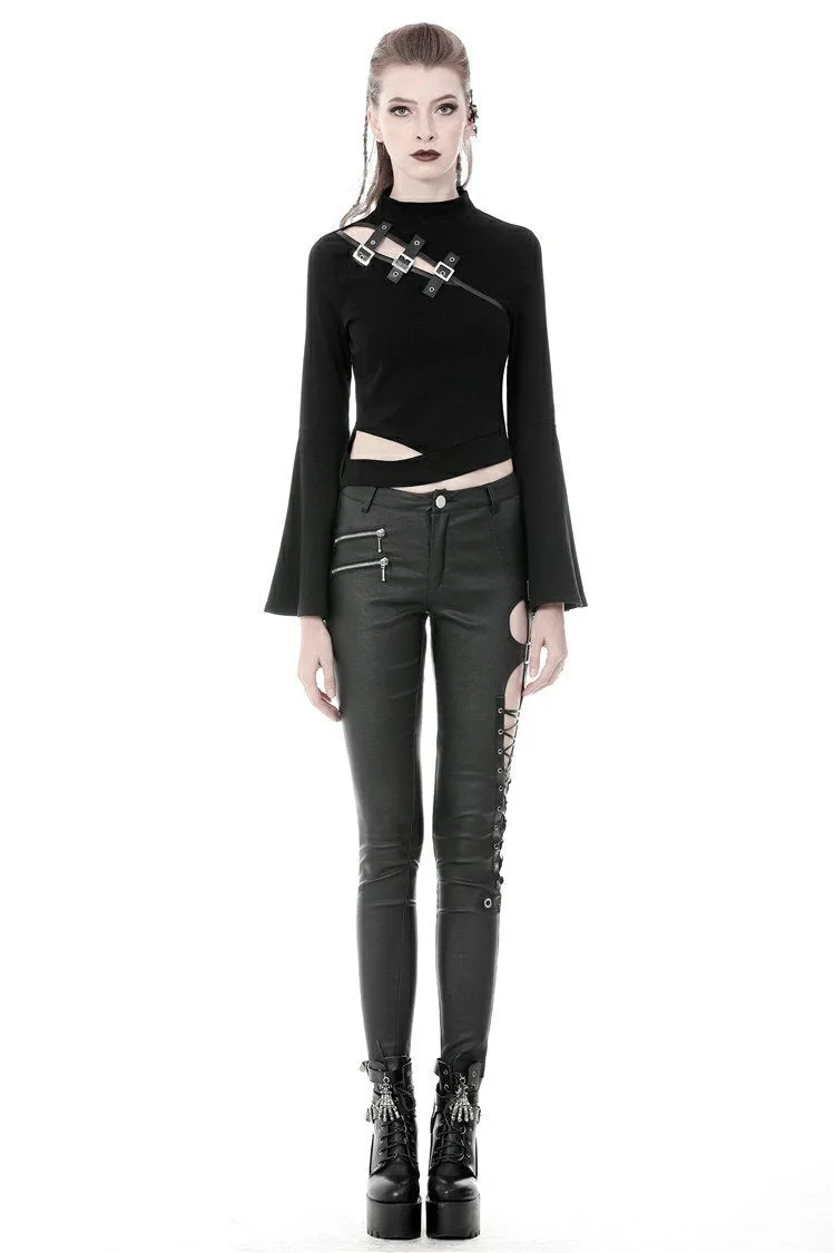Punk sexy hollow thigh asymmetrical PU trousers PW096