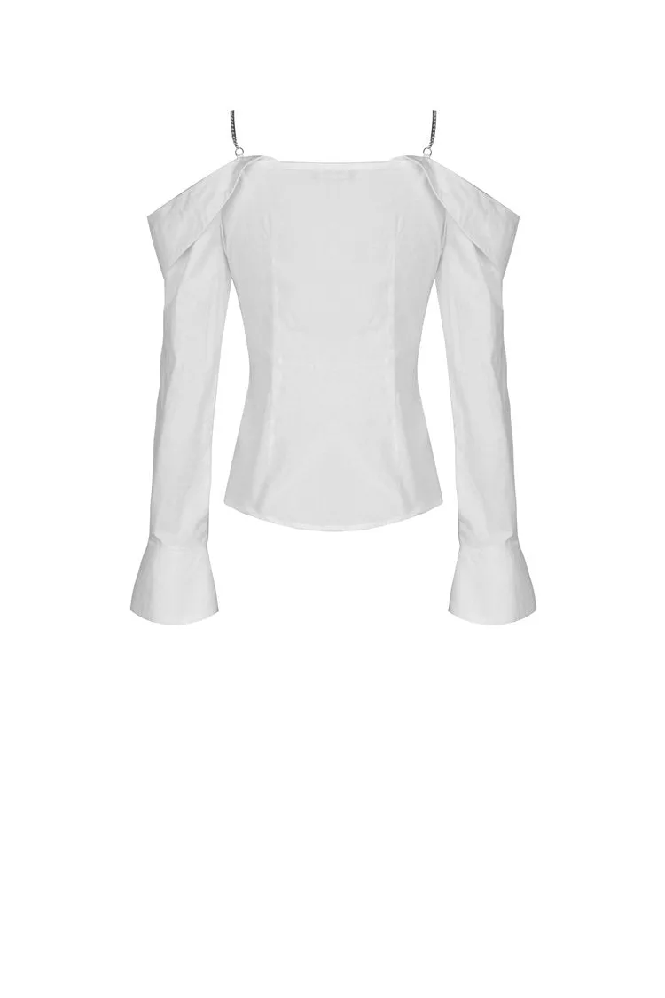 Punk Whiteite safety pin asymmetrical chain-strap blouse IW079