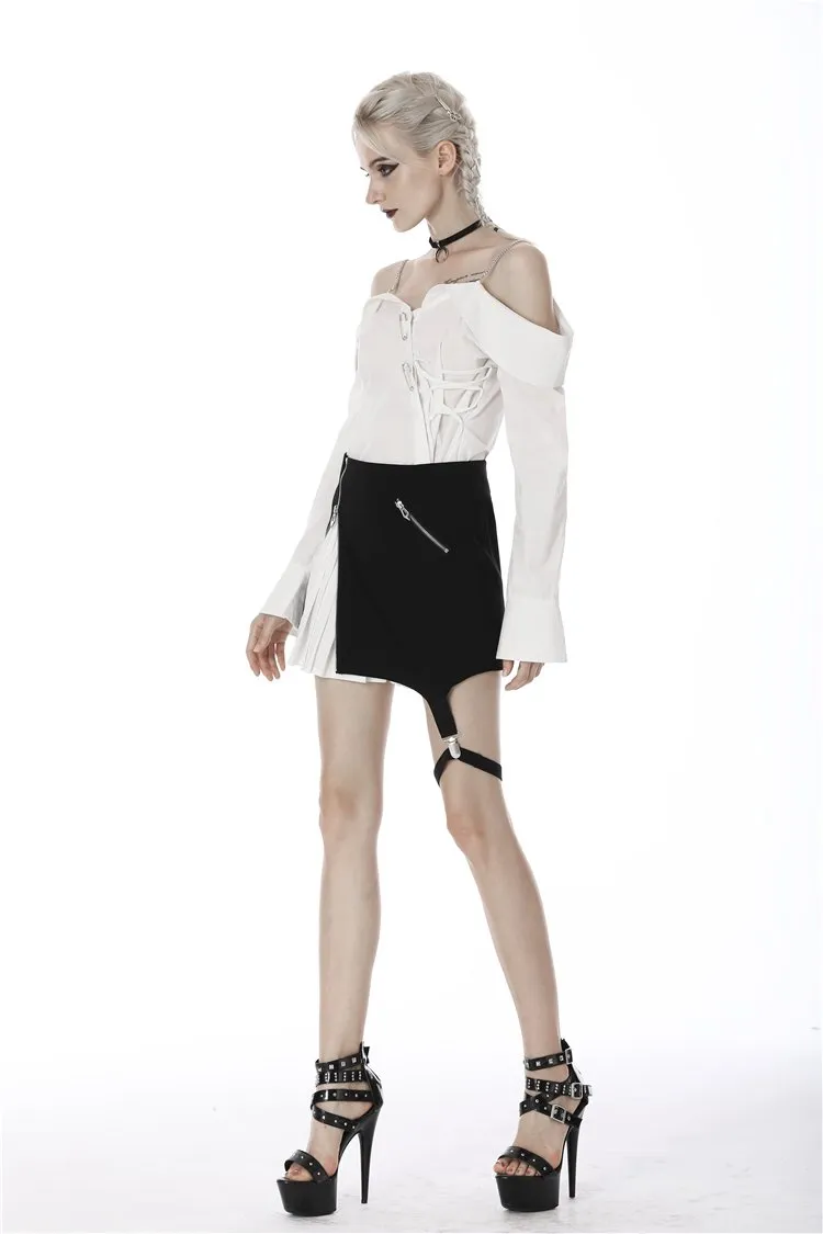 Punk Whiteite safety pin asymmetrical chain-strap blouse IW079