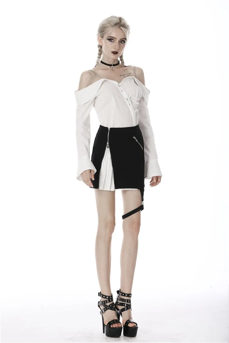 Punk Whiteite safety pin asymmetrical chain-strap blouse IW079