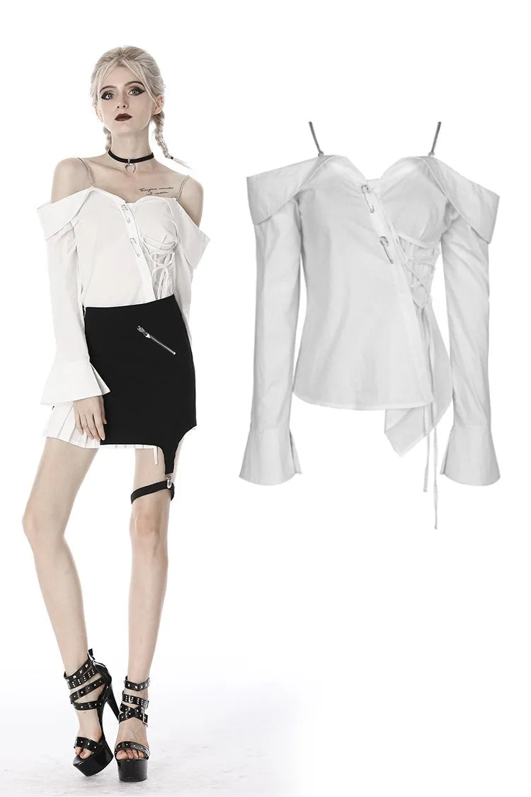 Punk Whiteite safety pin asymmetrical chain-strap blouse IW079