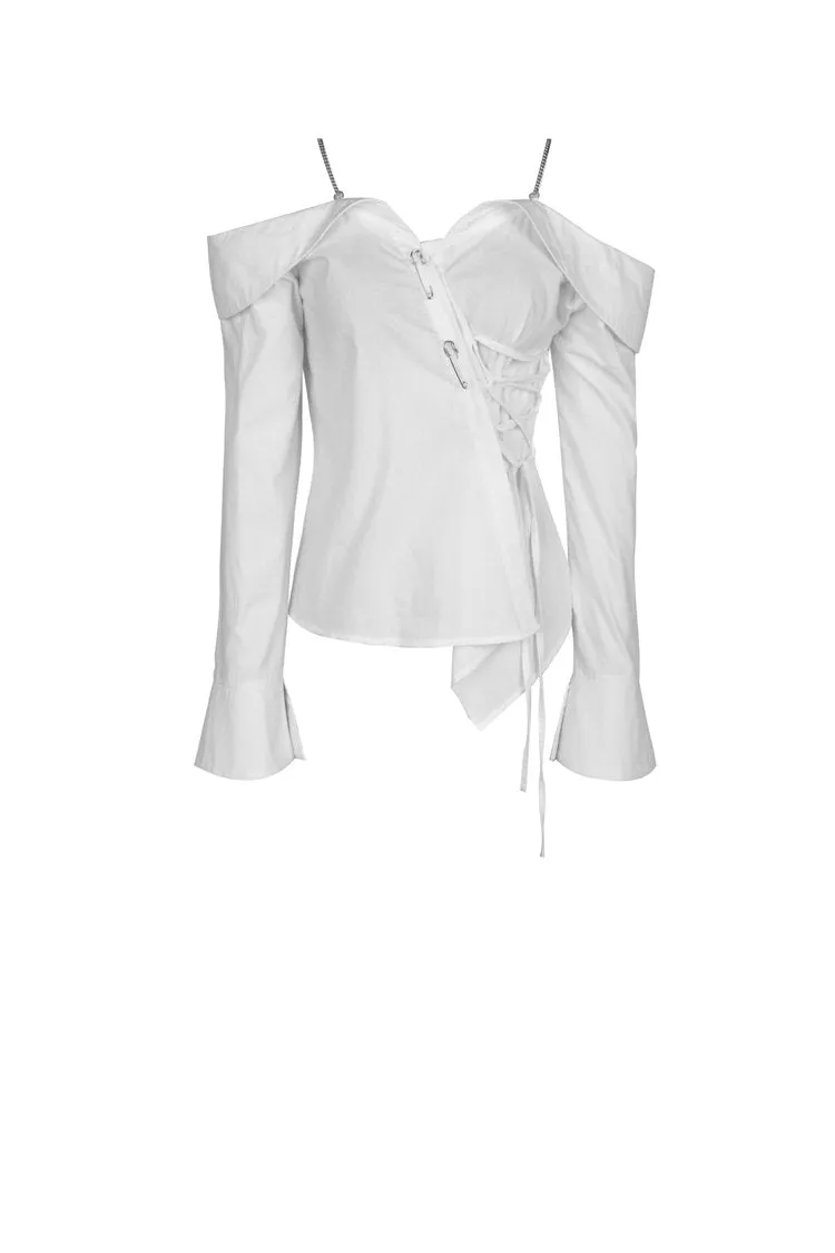 Punk Whiteite safety pin asymmetrical chain-strap blouse IW079