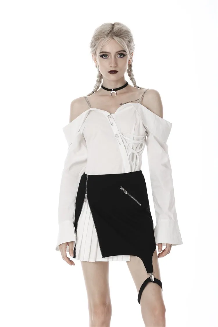 Punk Whiteite safety pin asymmetrical chain-strap blouse IW079