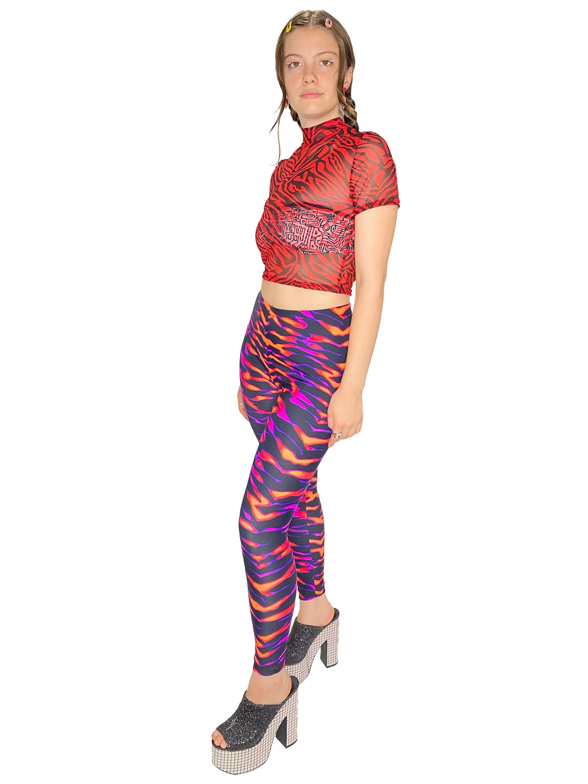 Red Zebra Mesh Mock Crop Top