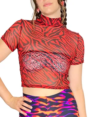 Red Zebra Mesh Mock Crop Top