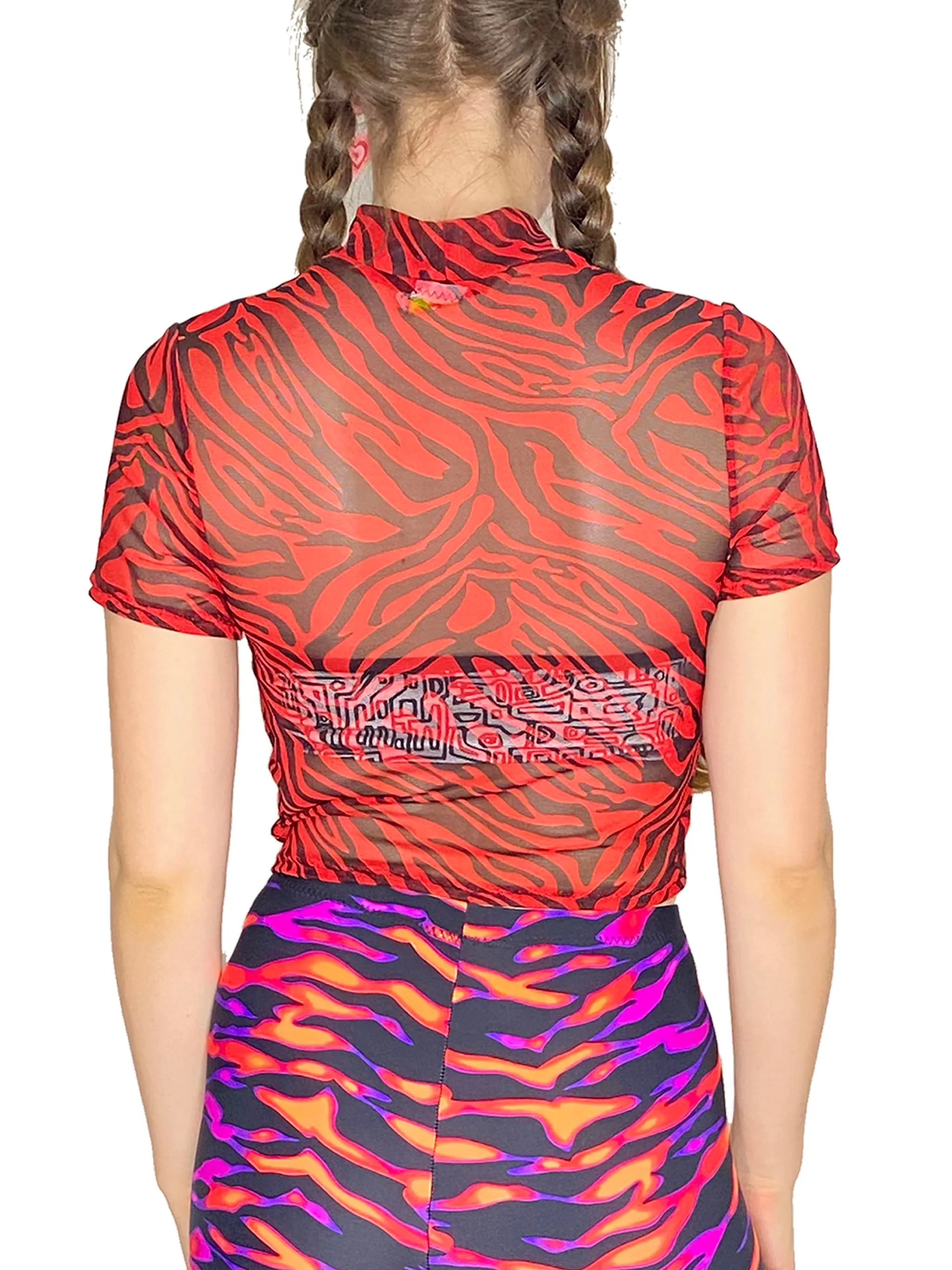 Red Zebra Mesh Mock Crop Top